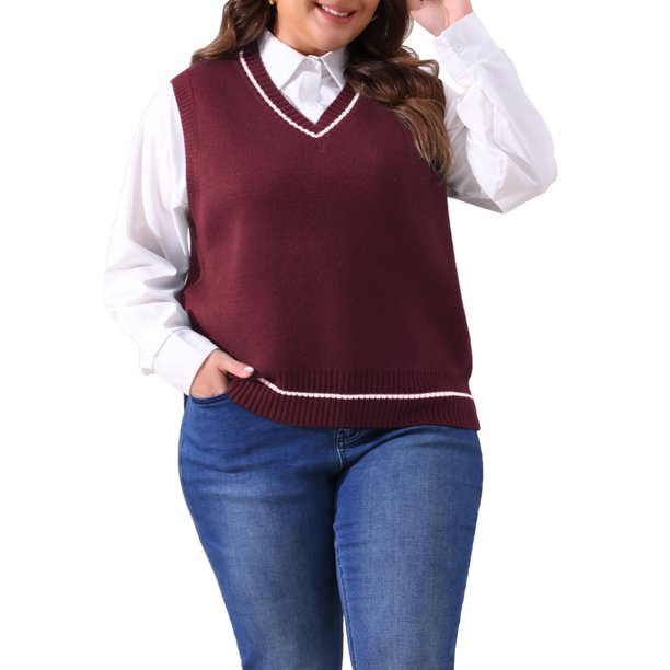 Agnes Orinda Conjuntos de Halloween Chaleco de Suéter de Talla Grande para Mujeres Cuello en V Rayado de Punto Cableado Sin Mangas Chaleco de Suéter 4X Burdeos