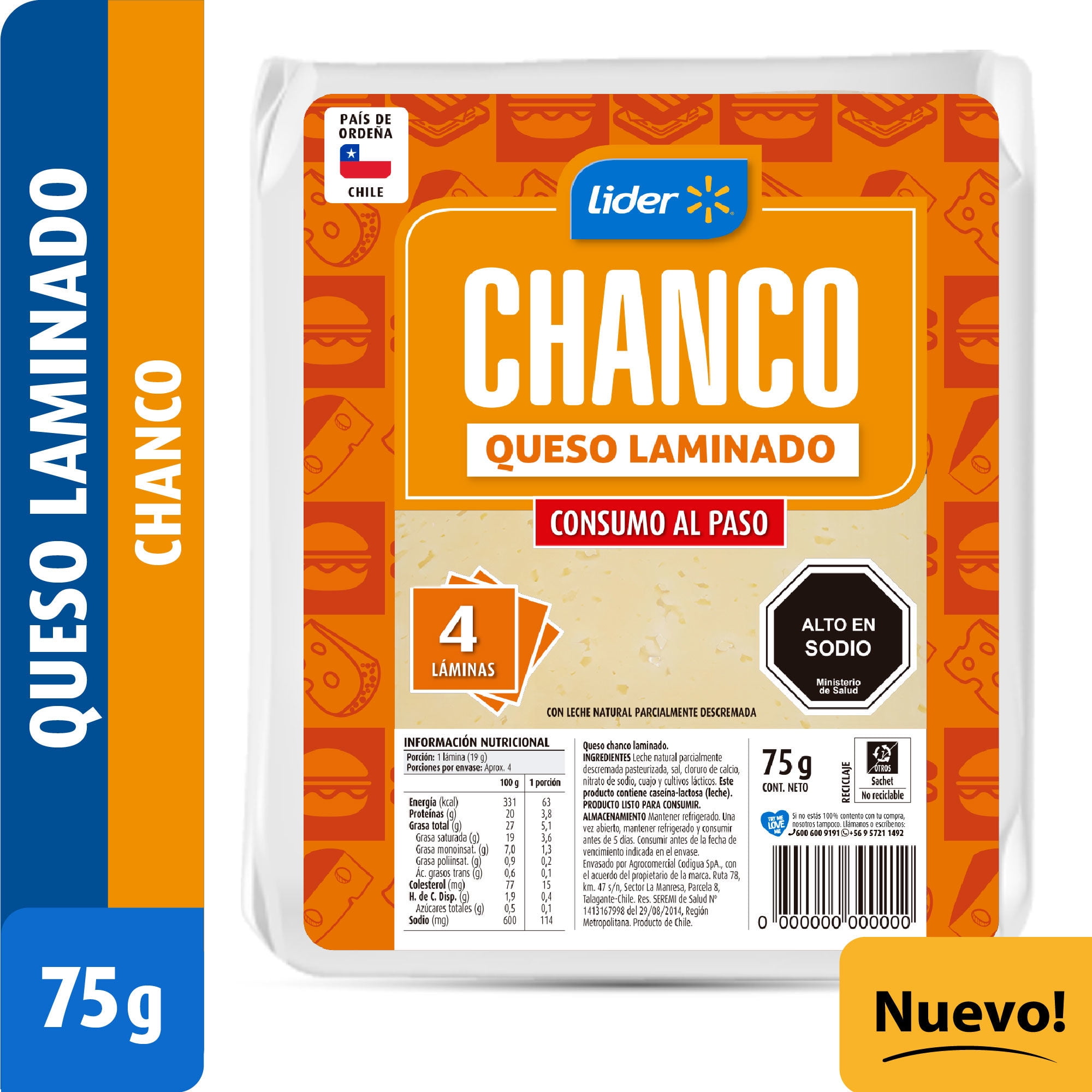 Queso Chanco Laminado 75 g Lider