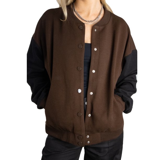 Jess por Meiko Chaquetas de Mujer Chaqueta Varsity de Bloques de Color con Botones a Presión Cuello Redondo Mangas Largas Talla S Marrón