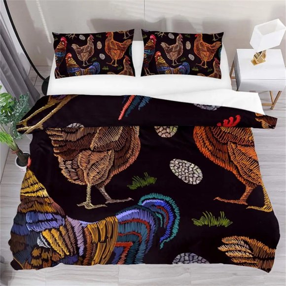 x2098 Bed SheetsChicken Duvet Cover Blue Rooster and Hen Domestic Farm Animals In Abstract Colors Theme for Bedroom Decorations for Women Men 3-Piece Bedding Set (1 Duvet Cover + 2 Pillow Shams) nj209