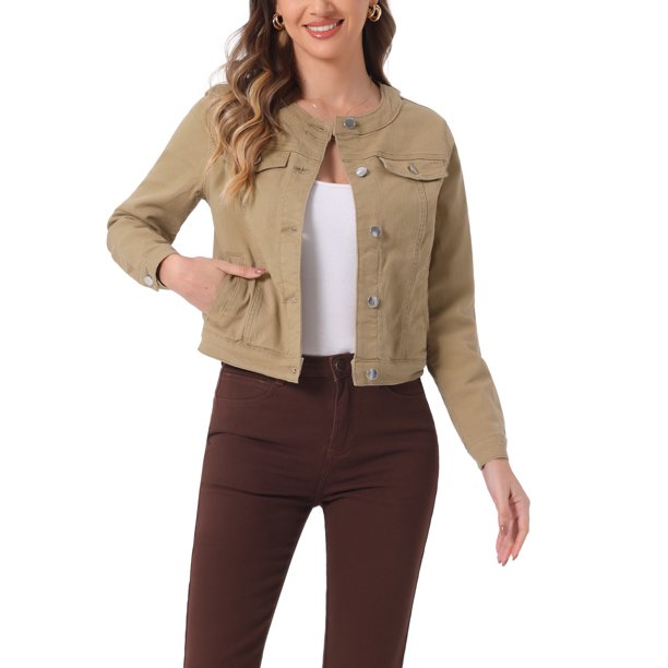 INSPIRE CHIC Chaqueta Vaquera Recortada de Manga Larga sin Cuello con Botones para Mujer de Regreso a Clases Khaki M