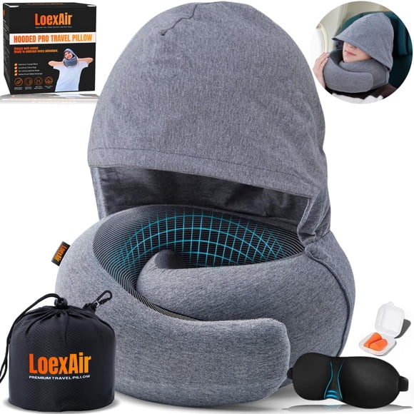 Almohada de Viaje LOEXAIR con Capucha Pro de Espuma Viscoelástica y Algodón