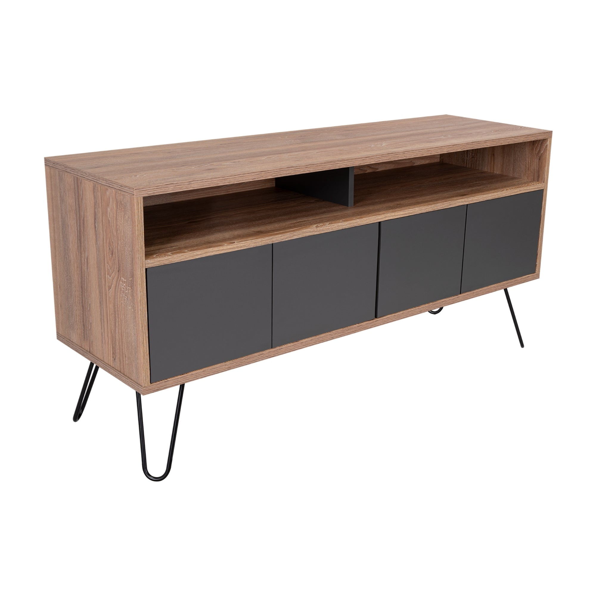 Fmfurniture - Rack Tv 55 Con 2 Repisas Y 4 Puertas Fm-006c Café Claro Y Plomo