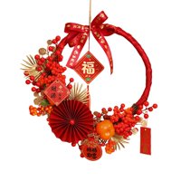 Magideal - Corona De Año Nuevo Chino, Corona De Flores Artificiales, Puerta Delantera, Decoración Del Hogar, Corona Del Año Lunar 2024 Para Bodas En Interiores Y