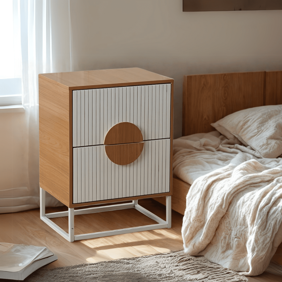 Spacehome - Velador Lumière 2 Cajones Moderno Madera Con Blanco