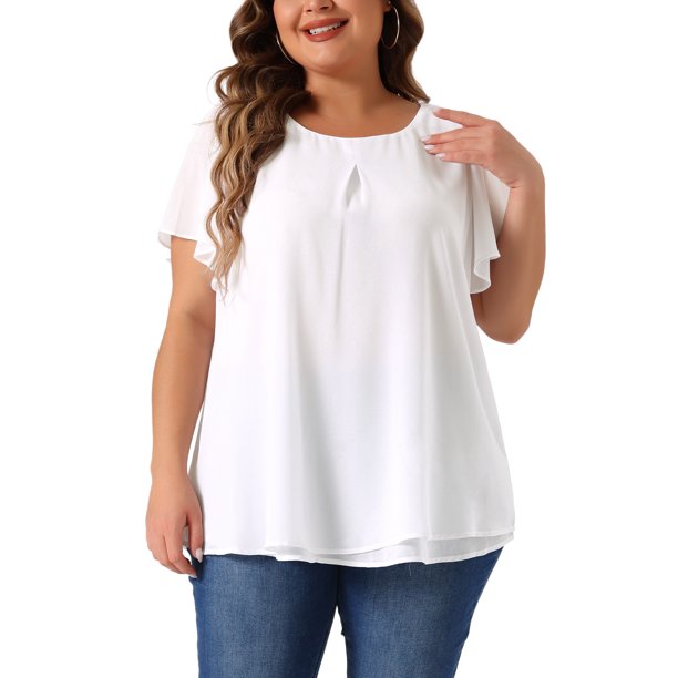 Blusa de Chifón de Talla Grande para Mujer de Agnes Orinda Camisa de Doble Capa Cuello Redondo Mangas Cortas con Volantes Tops Casual para Trabajo 4X Blanco