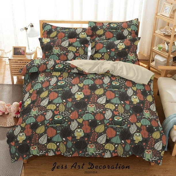 3D Cartoon Animal Leavess Owl Pattern Quilt Cover Set Bedding Set Duvet Cover