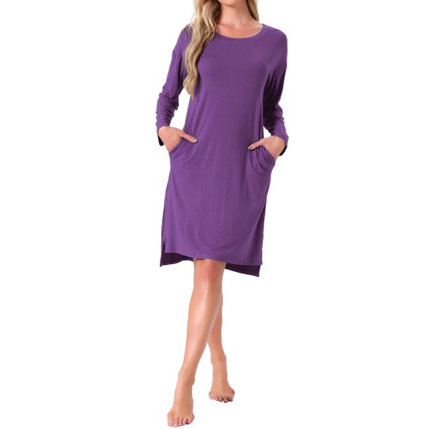 INSPIRE CHIC Camisón de Mujer Manga Larga Abertura Alto Bajo Dobladillo Rayón con Sujetador Incorporado y Bolsillos Vestido de Dormir Ropa de Noche Embarazo 2XL Púrpura Oscuro