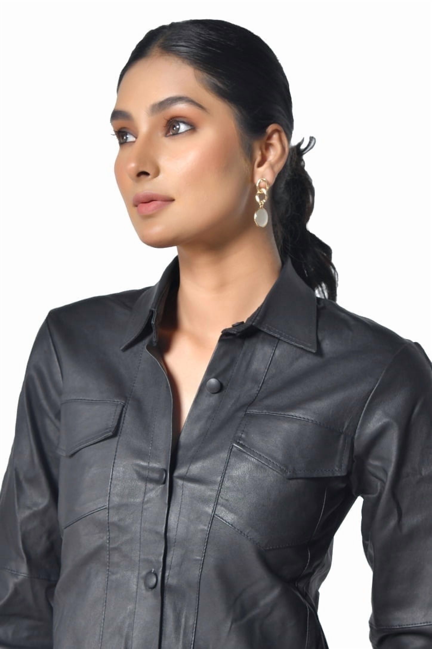 Camisa Cuero Sharo Classic Leather Negra Mujer