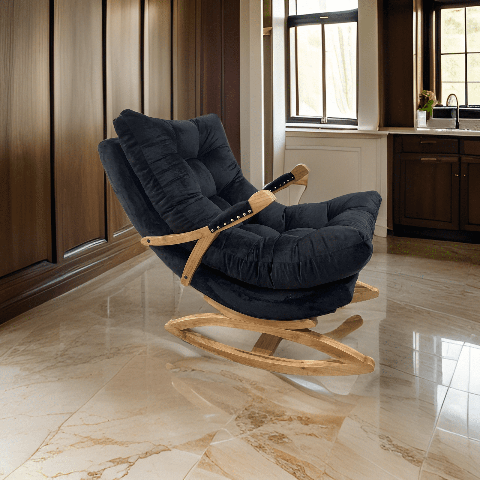 Muebles New - Silla Mecedora Coquette Con Apoya Brazo Negro Felpa