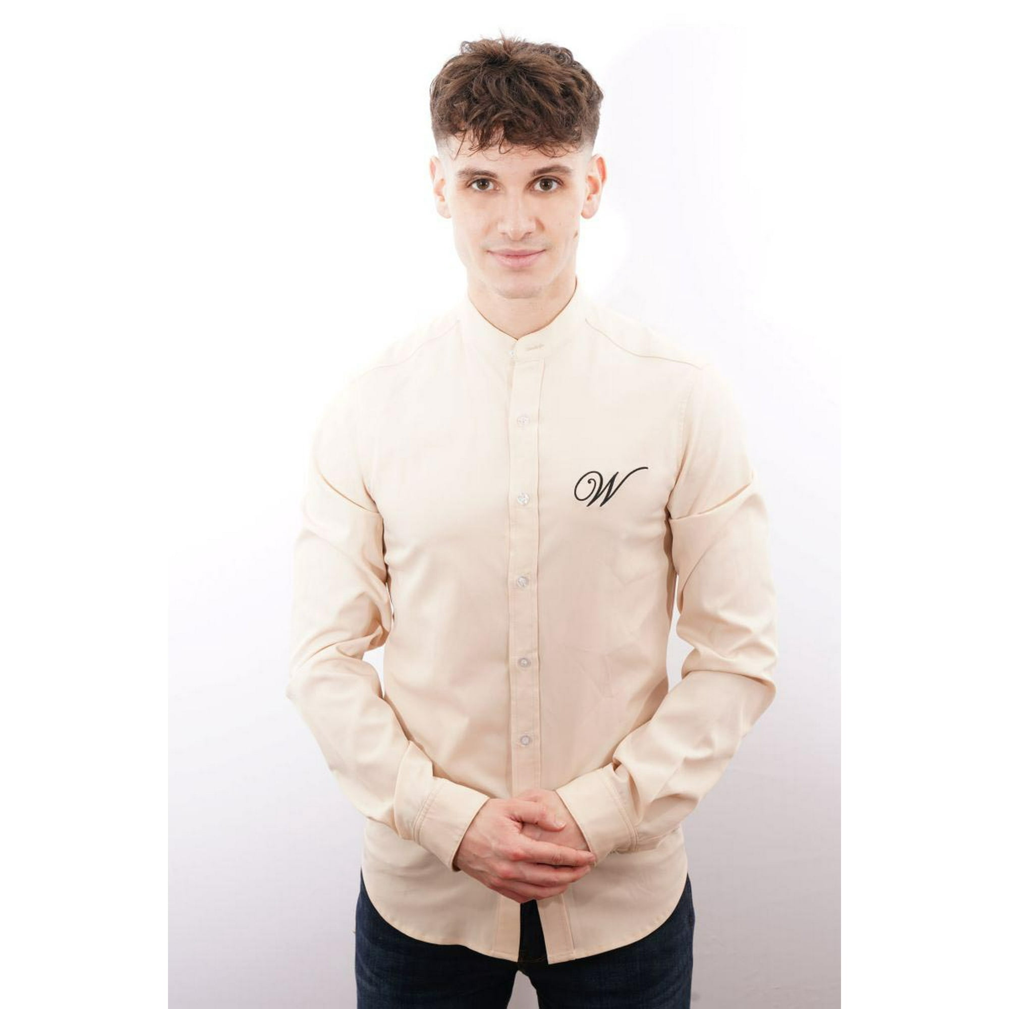 Camisa Beige White Clothing Manga Larga Fit