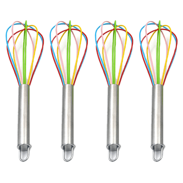 Paquete de 4 mini batidores de silicona de colores para cocina con mangos de acero inoxidable para mezclar leche, huevos y revolver.
