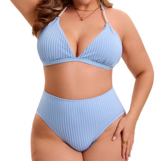 Agnes Orinda Conjunto de Bikini para Mujer de Talla Grande, Traje de Baño de Dos Piezas, Top Triangular con Tirantes de Perlas y Pantalones Cortos de Cintura Alta 2X Azul Claro