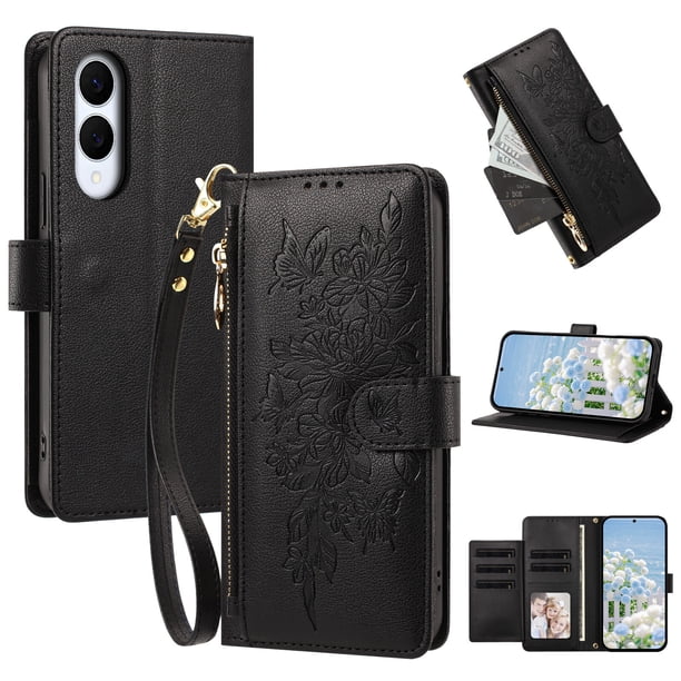 Funda Billetera Floral en Relieve samsung galaxy S25 edge con Tarjetero y Cremallera Negro
