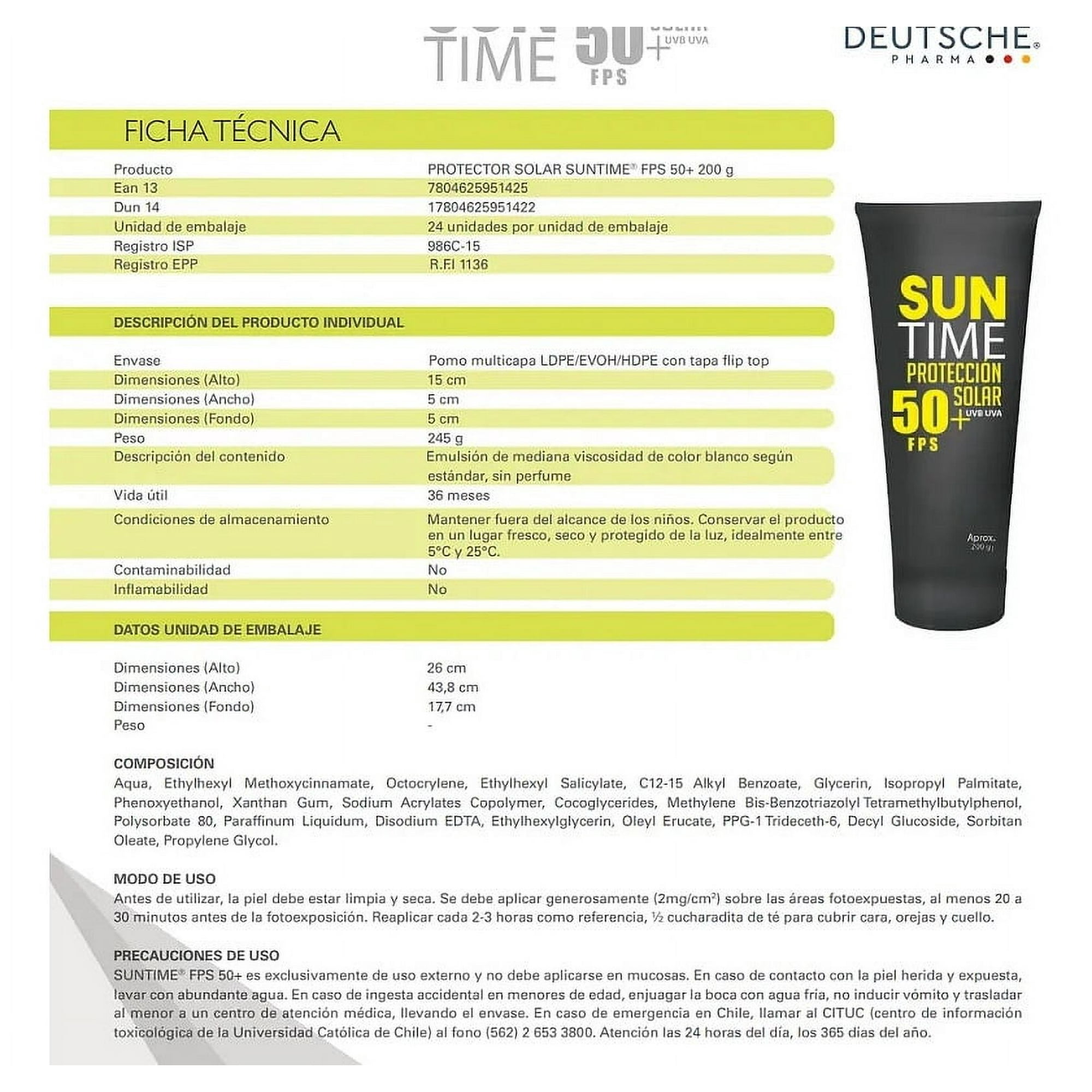 Deutsche Pharma - Bloqueador Solar Suntime 200 Gramos 50+