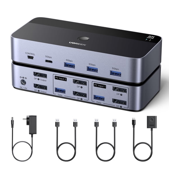 UGREEN Switch KVM DisplayPort 8K@60Hz para 2 monitores y 4 USB 3.0