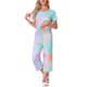 thumbnail image 2 of Conjunto de Pijama de Teñido Anudado para el Regreso a Clases de INSPIRE CHIC para Mujer, Cuello en V, Manga Corta, Pantalones Capri, Conjunto de Descanso con Bolsillos S Naranja, 2 of 6