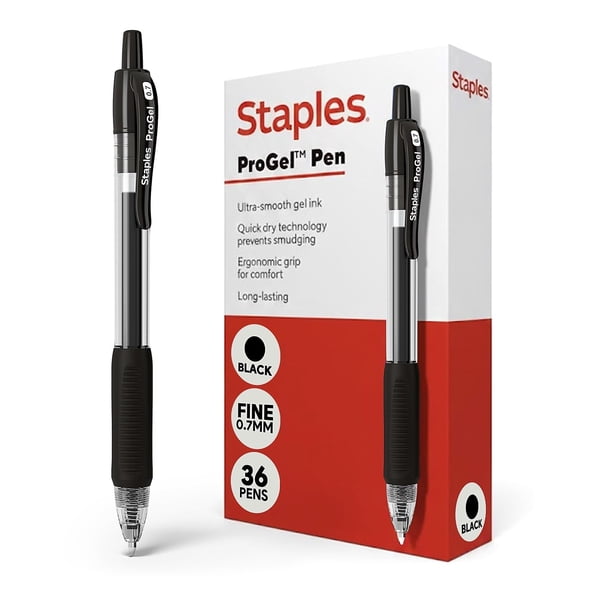 Staples ProGel Bolígrafos Retráctiles de Gel, Punta Fina 0,7 mm, Tinta Negra, Pack de 36