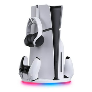 Base Vertical Aaronmei Para Consola Ps5 Slim Con Soporte De Carga Para Controlador Luz Rgb Blanco