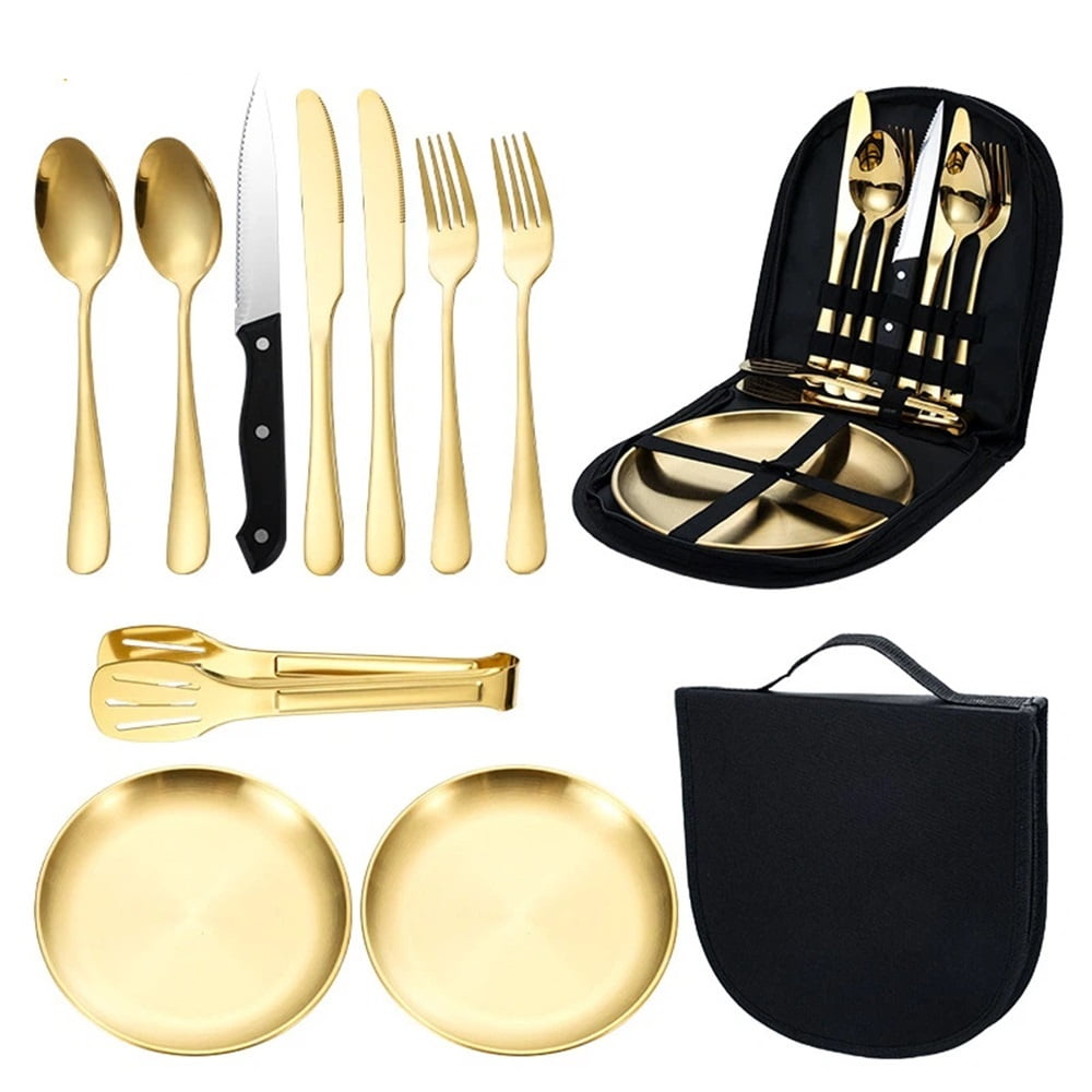 Xusx111 - Conjunto De Utensilios De Camping, Plata De Camping Conjunto Para 2, Cubiertos De Viaje Reutilizables Con Caso Incluyen Cuchillo Tenedor Cuchara Plato