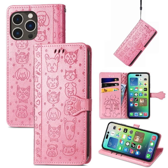 Funda Cartera FOXDOCK para iPhone 14 ProMax , Flip PU con Relieve de Gatos y Perros, Tarjetero y Soporte