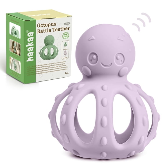 Mordedor Haakaa Pulpo con Sonajero 2 en 1, 3 meses +