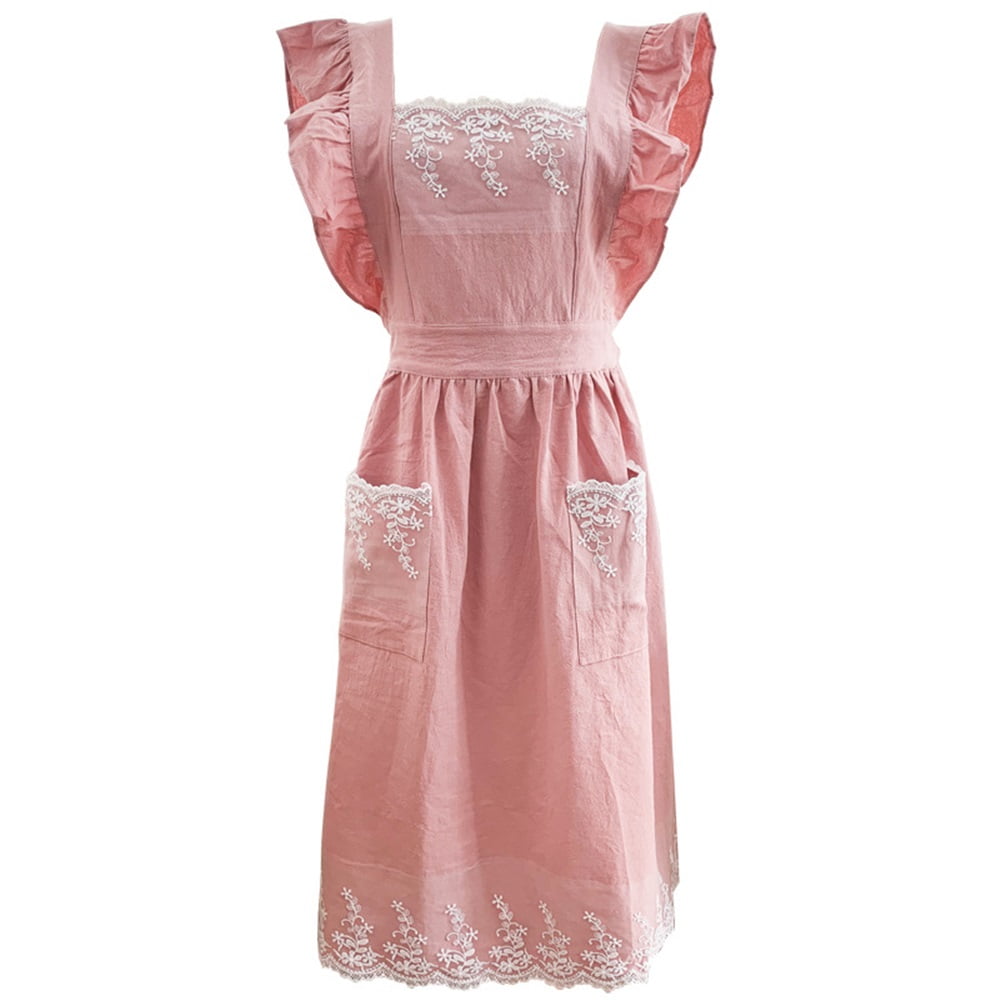 Xusx111 - Vintage Ruffle Delantal Para Las Mujeres Cruzar Atrás Jardín Cocina Delantales Lindo Algodón Delantal Encaje Frilly Ruffle Ajustable Pinafore Vestido Delantal