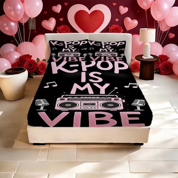 K-POP Brings Happiness Printed Bed Fitted Sheet Fitted Sheet Set Microfiber Soft And Breathable Deep Pocket Non-Slip All Seasons Available! Ideal for Family Fri