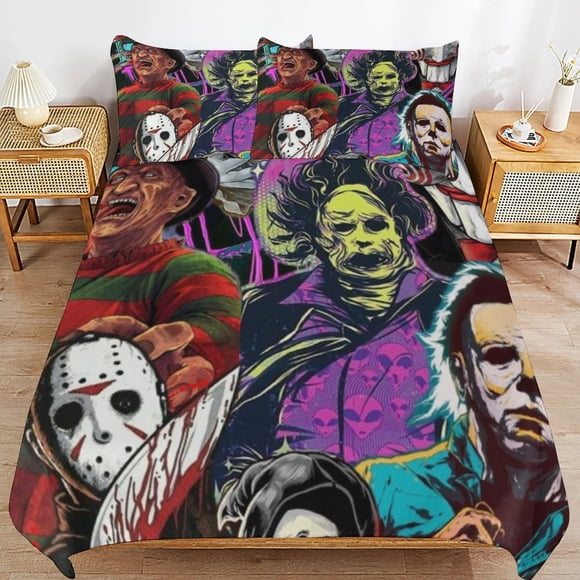 Halloween horror movie Bedding Solution Soft Texture Smooth Finish Cozy Zipper Duvet Cover Sets for Family Sleep