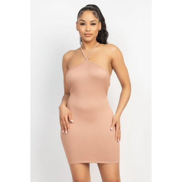 Vestido de Canalé con Cuello Halter y Aberturas sin Costuras
