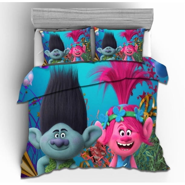 Cartoon Disney Trolls Print Quilt Duvet Cover Set Pillowcase Comforter Cover3-Piece Bedding Set