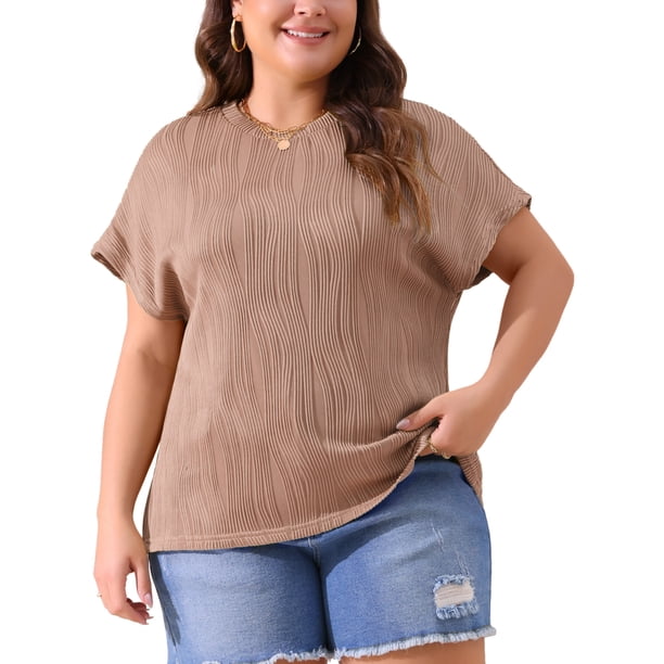 Agnes Orinda Blusas Casuales de Manga Corta con Cuello Redondo Texturizado para Mujer de Talla Grande 1X Marrón