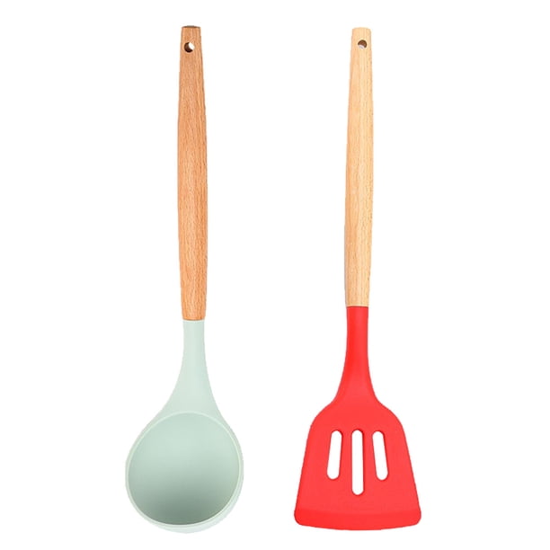 Juego de 2 utensilios de cocina de silicona y madera de bambú - Juego de utensilios de silicona - Utensilios de silicona para cocinar