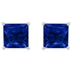 Aros Paris Jewelry 14K White Gold 3 Ct Princess Cut Created Blue Sapphire Stud