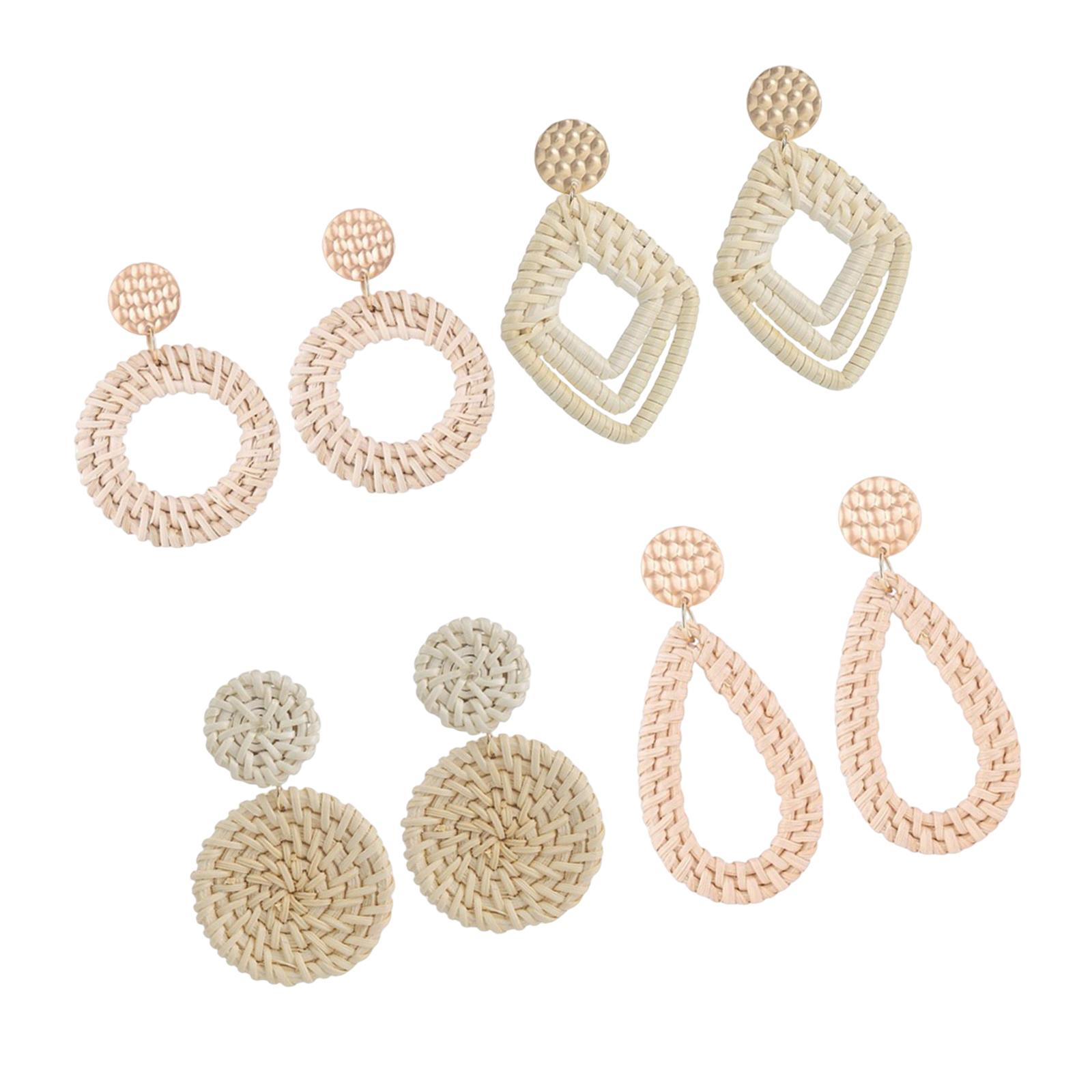 Ioensy - 4 Pares De Aretes De Ratán Llamativos Geométricos Bohemios Para Mujer De Color Claro