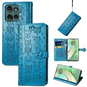 Funda Cartera Foxdock Para Motorola Edge 2024 , Flip Pu Con Relieve De Gatos Y Perros, Tarjetero Y Soporte