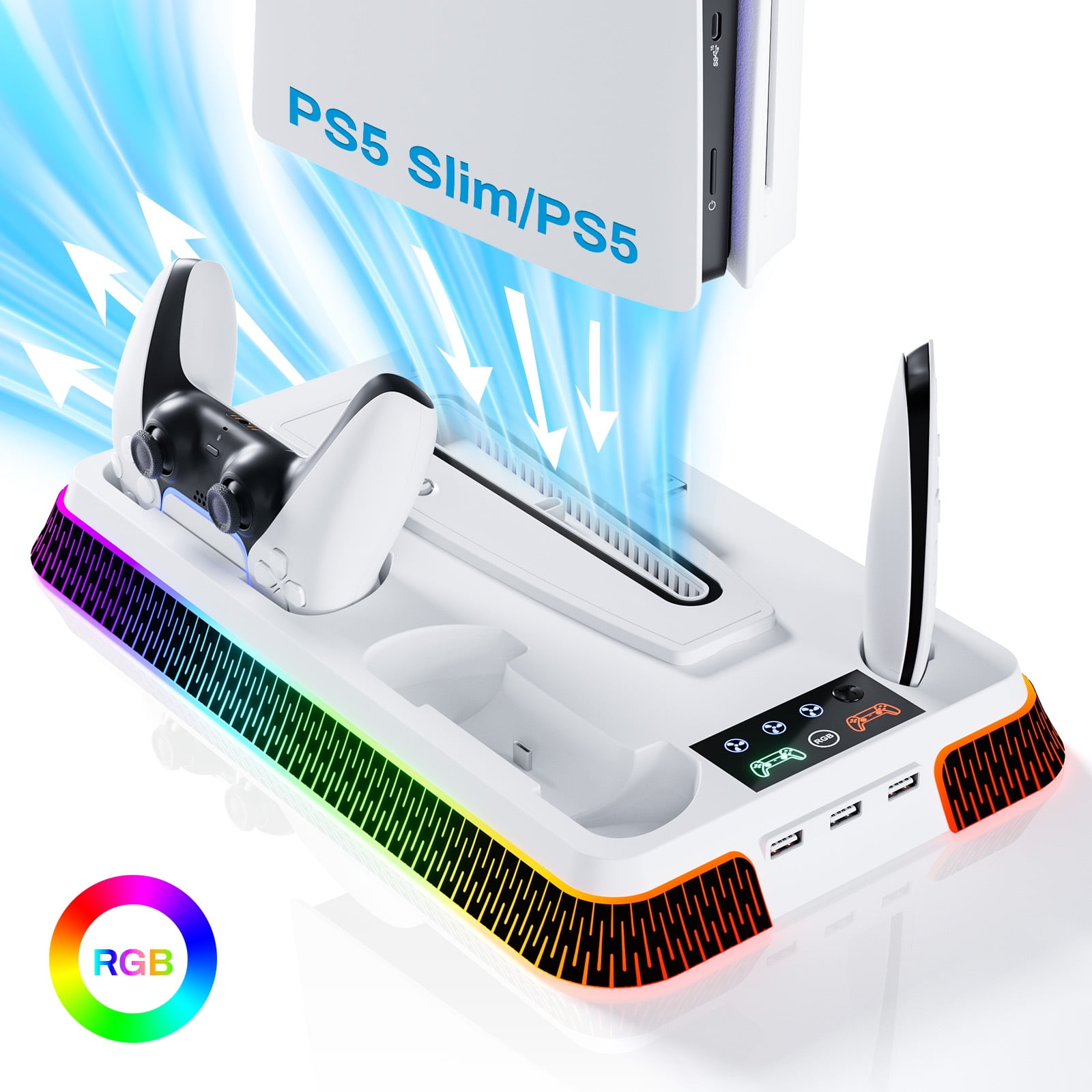 Estación De Enfriamiento Con Soporte Aaronmei Para Ps5 Slim/ps5 Con Estación De Carga Dual Blanco Rgb