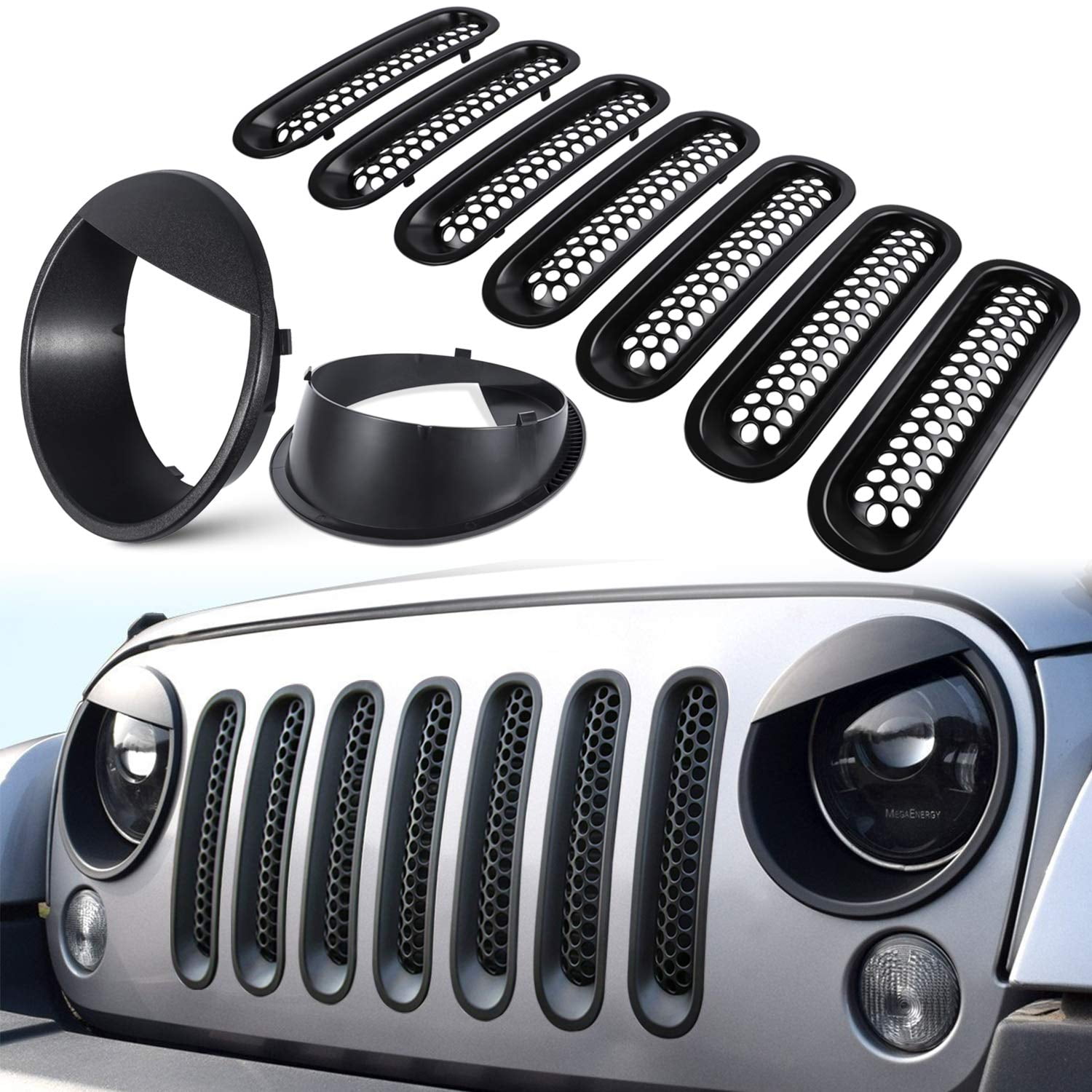 Insertos De Malla Para Parrilla Delantera Y Cubiertas De Faros E-cowlboy Para Jeep Jk