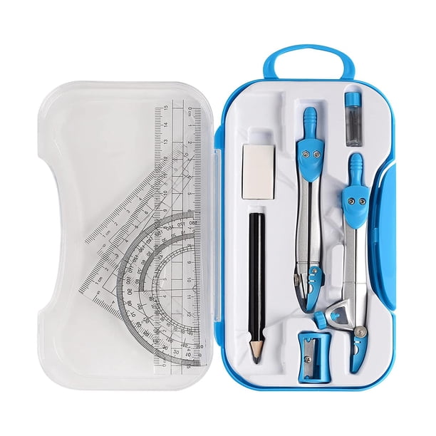 Kit de geometría matemática, juego de brújula, transportador, regla triangular, papelería, escolaridad con estuche de almacenamiento para dibujo, , Azul
