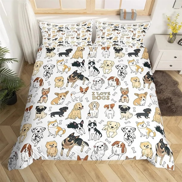 Pug Corgi Shiba Puppy Duvet Cover Set Dog Comforter Cover I Love Dogs Bedding Sets Kawaii AnimalsBedspreads