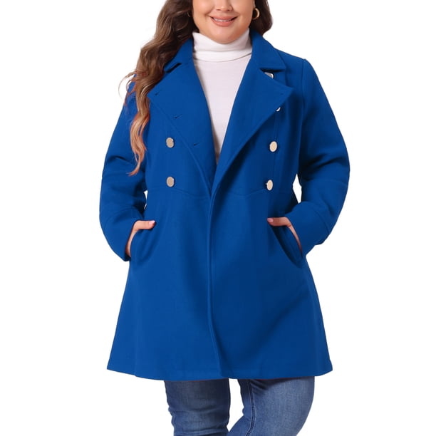 Abrigos de invierno para mujer de talla grande Agnes Orinda, chaqueta de abrigo de doble botonadura, 2X azul real