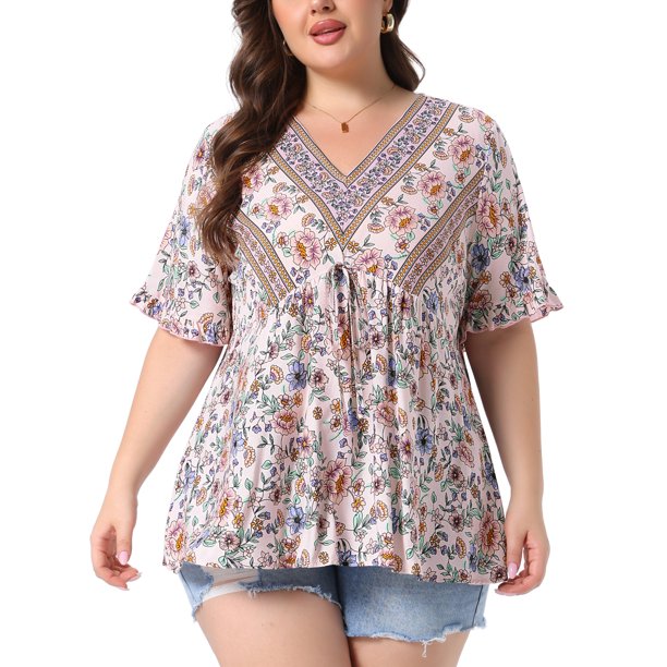 Agnes Orinda Blusa de Mujer Talla Grande para Escuela o Universidad, Estampado Floral, Cuello en V, Mangas Cortas con Volantes, Estilo Bohemio, Plisada, Casual, Verano, Holgada, Talla 2X, Rosa Claro