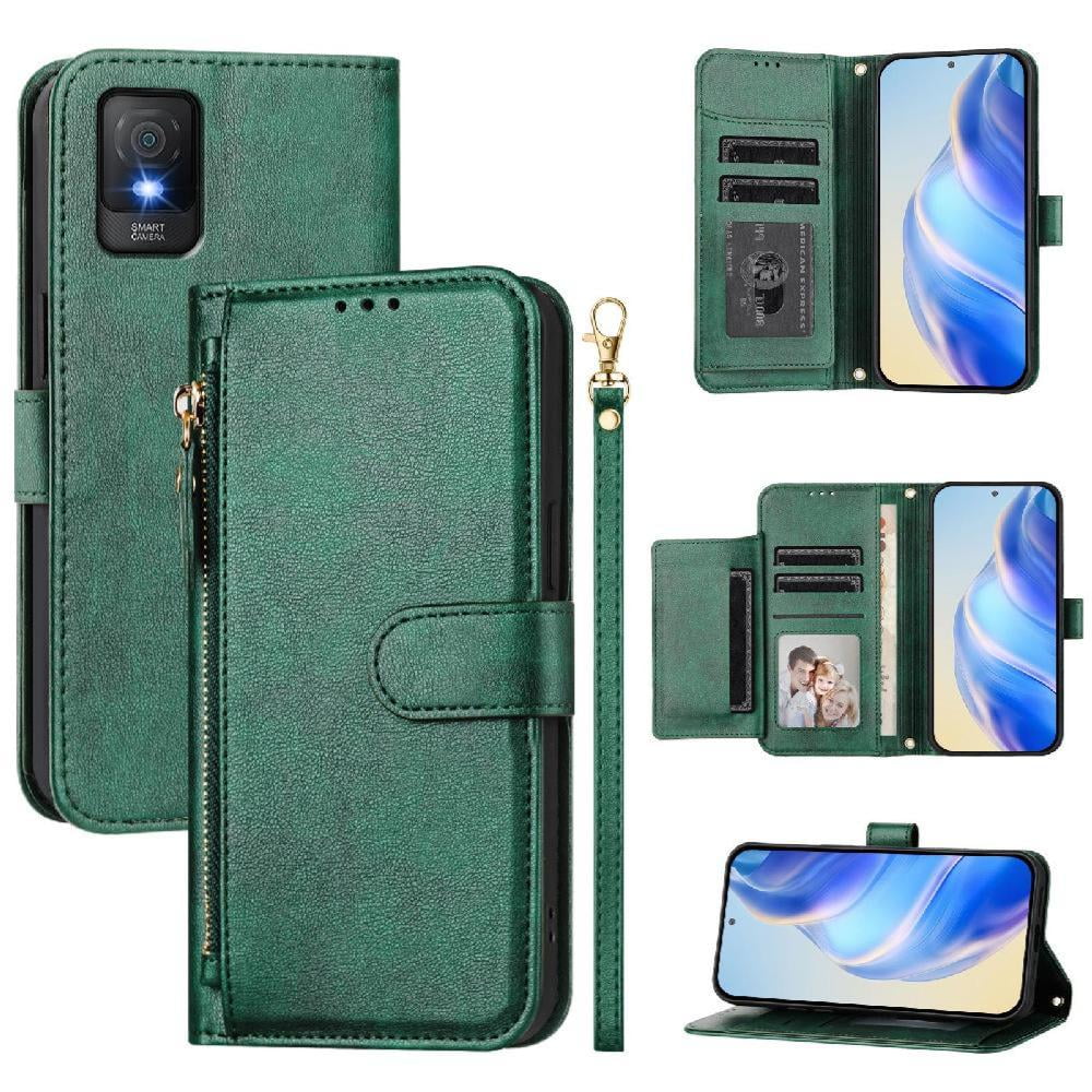 Foxdock - Funda Tipo Cartera Para Tcl 403 Con Bolsillo Con Cremallera, Tarjetero, Soporte, Correa Para La Muñeca Y Tapa De Cuero Verde