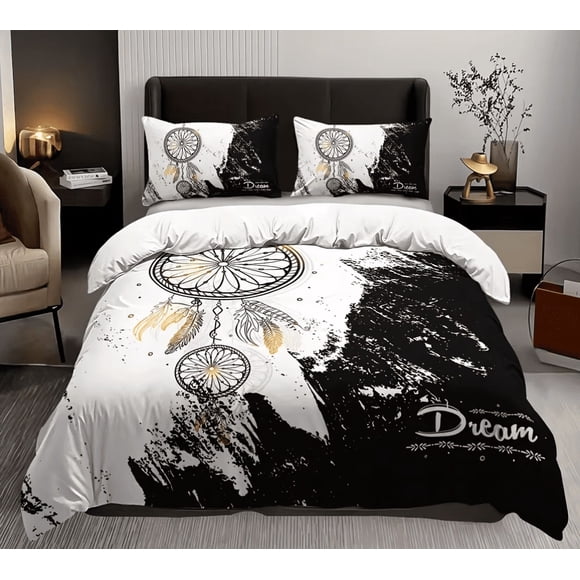 Chic Black & White Dreamcatcher Bedding Set-Breathable Soft Easy Care Piece Duvet Cover Pillowcases for All Season Comfort