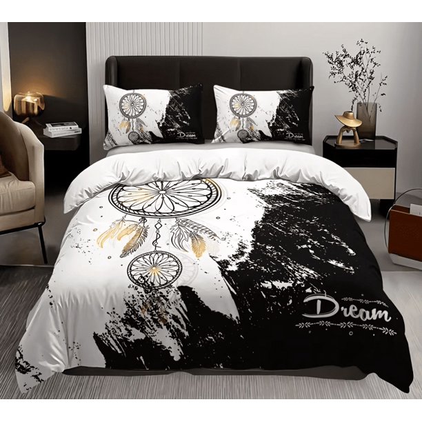 v2178 Bed Sheets Chic Black & White Dreamcatcher Bedding Set-Breathable Soft Easy-Care -Piece Duvet Cover Pillowcases for All-Season Comfort 3-Piece Bedding Set (1 Duvet Cover + 2 Pillow Shams) Bed Sh