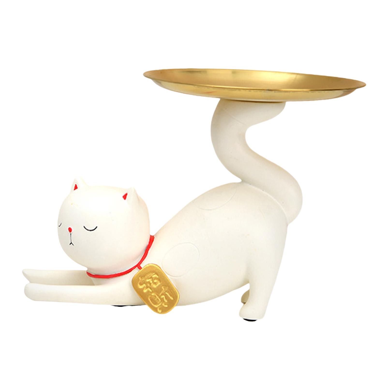 Magideal - Divertida Estatua De Gato Chino, Decoración De Gato Chino Con Bandeja, Adorno De Regalo De Cumpleaños, Decoración Feng Shui Para Oficina, Entrada De D