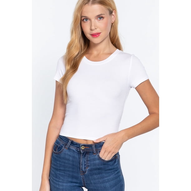 Saronite Top Corto Básico de Manga Corta con Cuello Redondo y Canalé de Rayón, Color Blanco Roto (para Mujer)