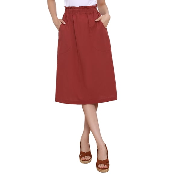 INSPIRE CHIC Falda de Algodón para Mujer Vuelta al Colegio Cintura Elástica Casual Campesina Línea A Midi con Bolsillos Rojo Oscuro XS