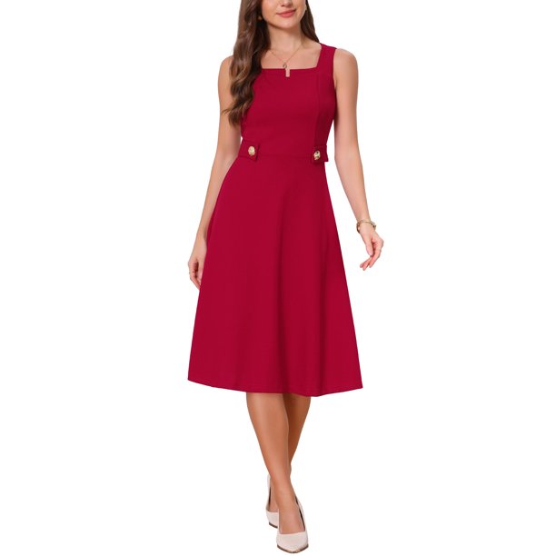 INSPIRE CHIC Vestido Vintage de Trabajo para Mujeres Línea A Cuello Cuadrado Sin Mangas Oficina Formal Vestidos de Noche Midi S Rojo Oscuro