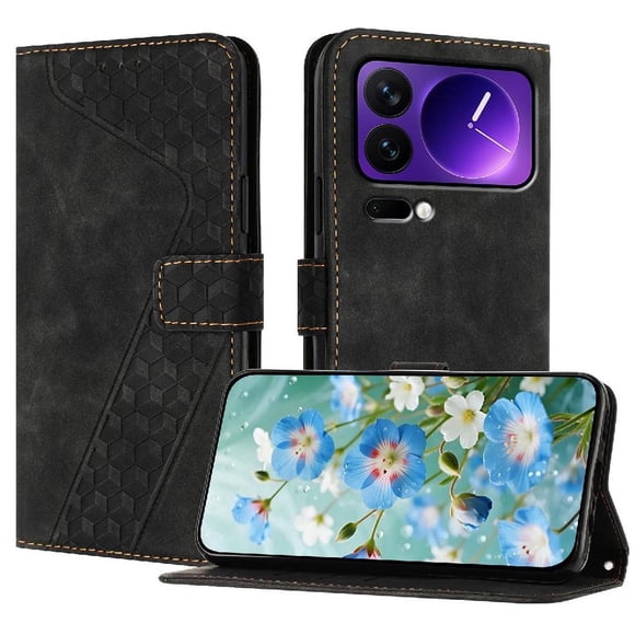 Funda tipo cartera para Xiaomi 17 Pro con tarjetero, bolsillo para billetes, soporte, cierre magnético y correa para la muñeca, funda tipo folio con textura geométrica negro